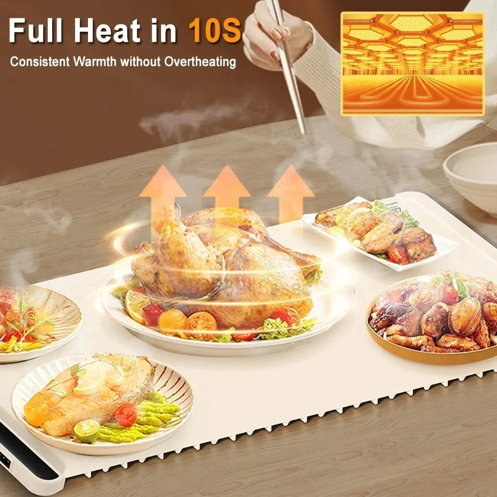 Foldable Electric Warming Tray | Full-Surface Food Warmer Mat with 3-Temp Settings & Fast Heating