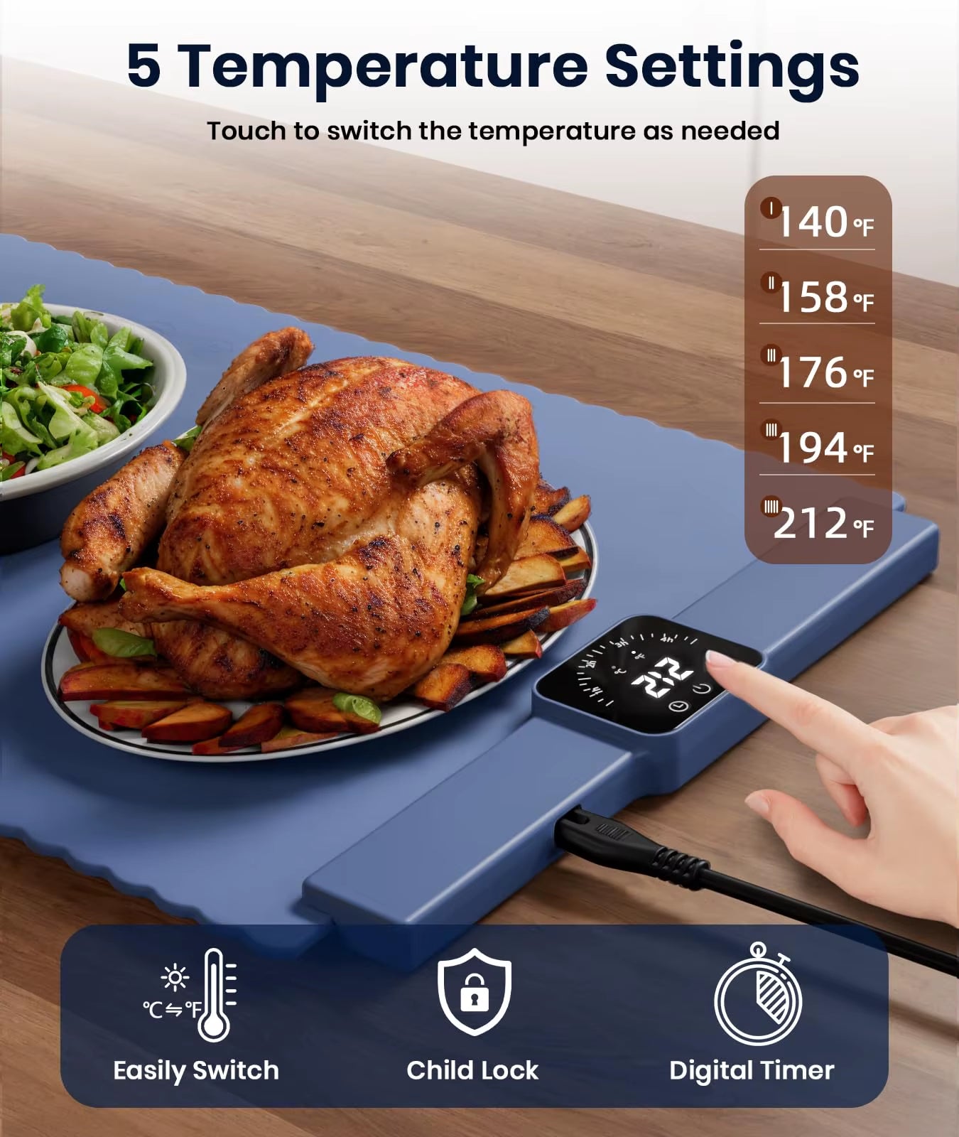 Silicone Electric Warming Tray | Adjustable 5-Temp Food Warmer Mat with Timer & Child-Lock Safety
