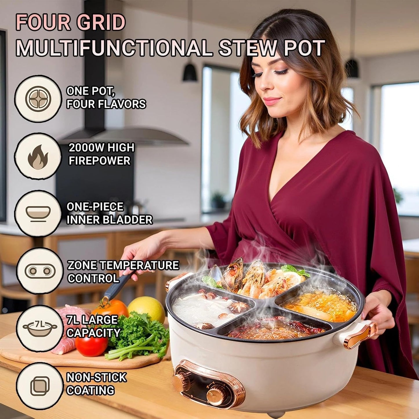 7L Multi-Compartment Electric Hot Pot | 4-Grid Non-Stick Stew Pot with Independent Temperature Control