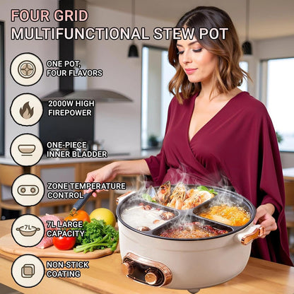 7L Multi-Compartment Electric Hot Pot | 4-Grid Non-Stick Stew Pot with Independent Temperature Control