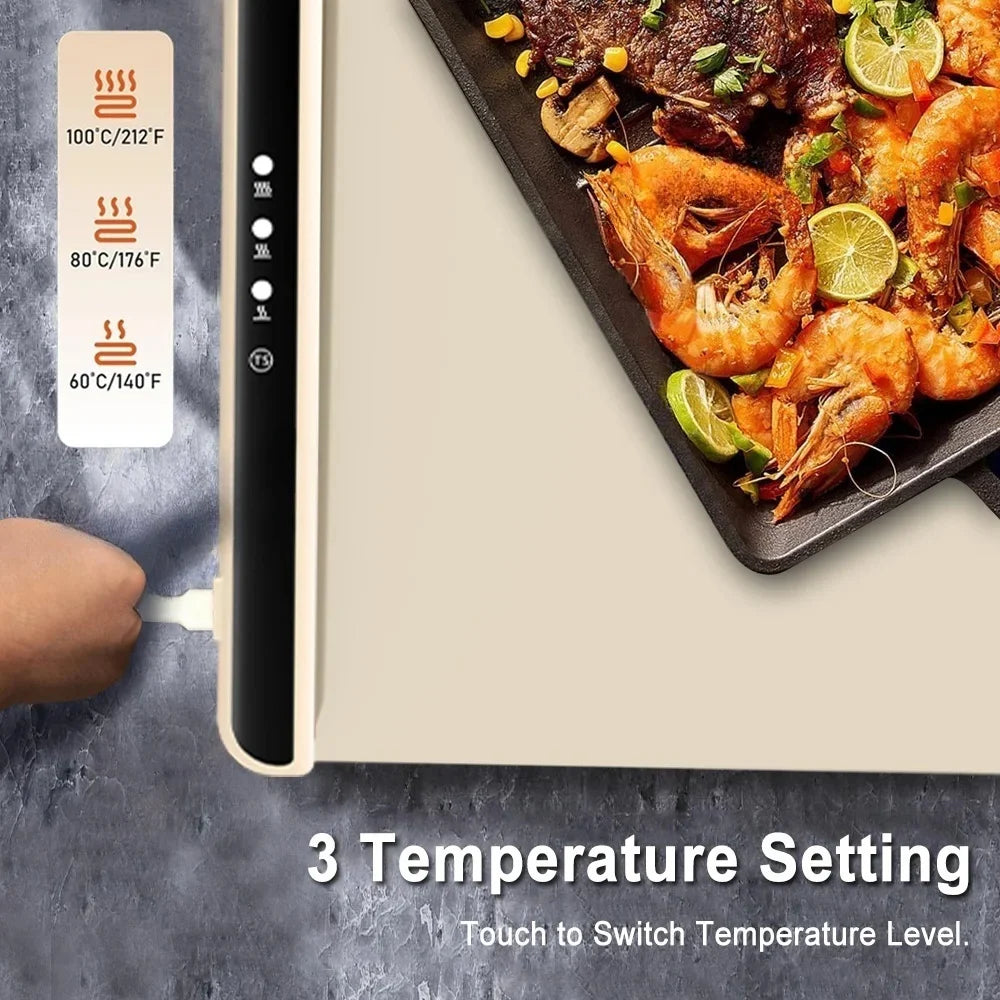 Foldable Electric Warming Tray | Full-Surface Food Warmer Mat with 3-Temp Settings & Fast Heating