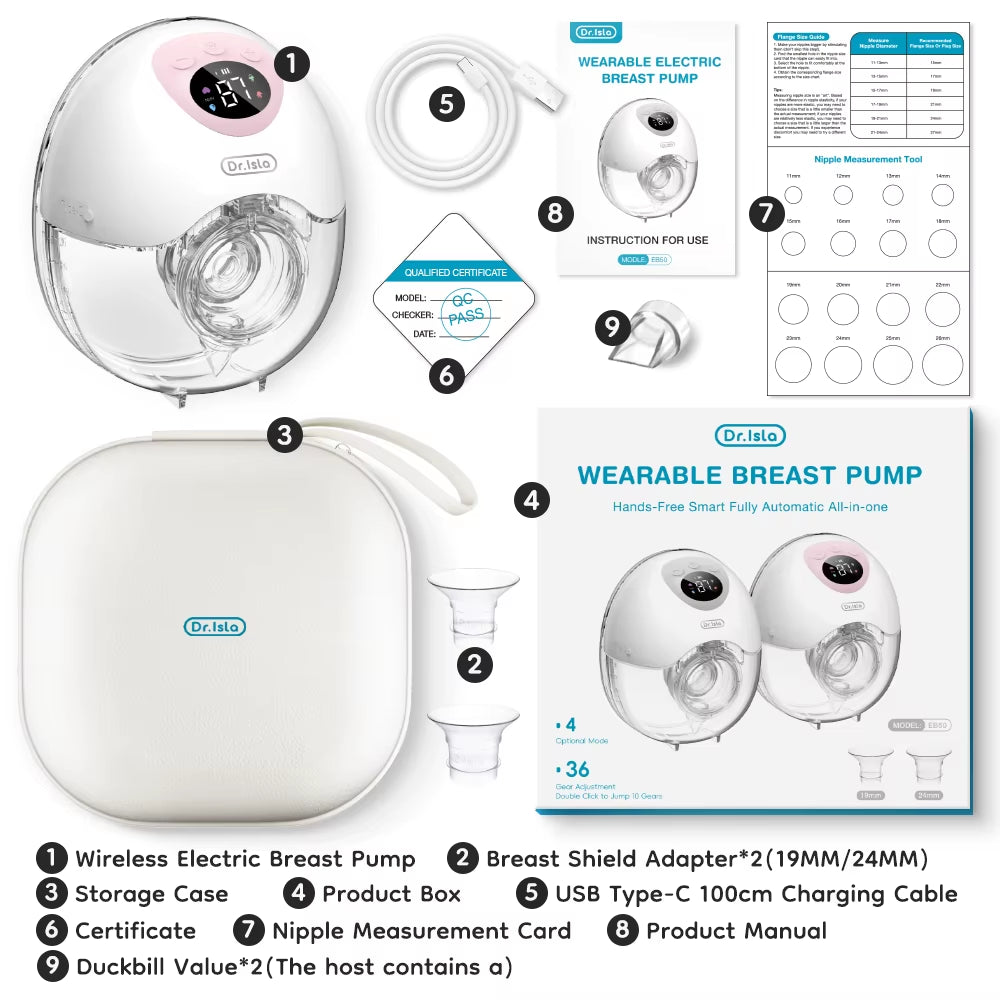 MAMIJOY Wearable Electric Breast Pump 4 Modes 36 Suction Levels Hands Free Breast Pumps Milk Collector with 19/24Mm Flange EB50