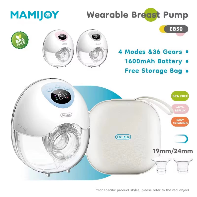MAMIJOY Wearable Electric Breast Pump 4 Modes 36 Suction Levels Hands Free Breast Pumps Milk Collector with 19/24Mm Flange EB50