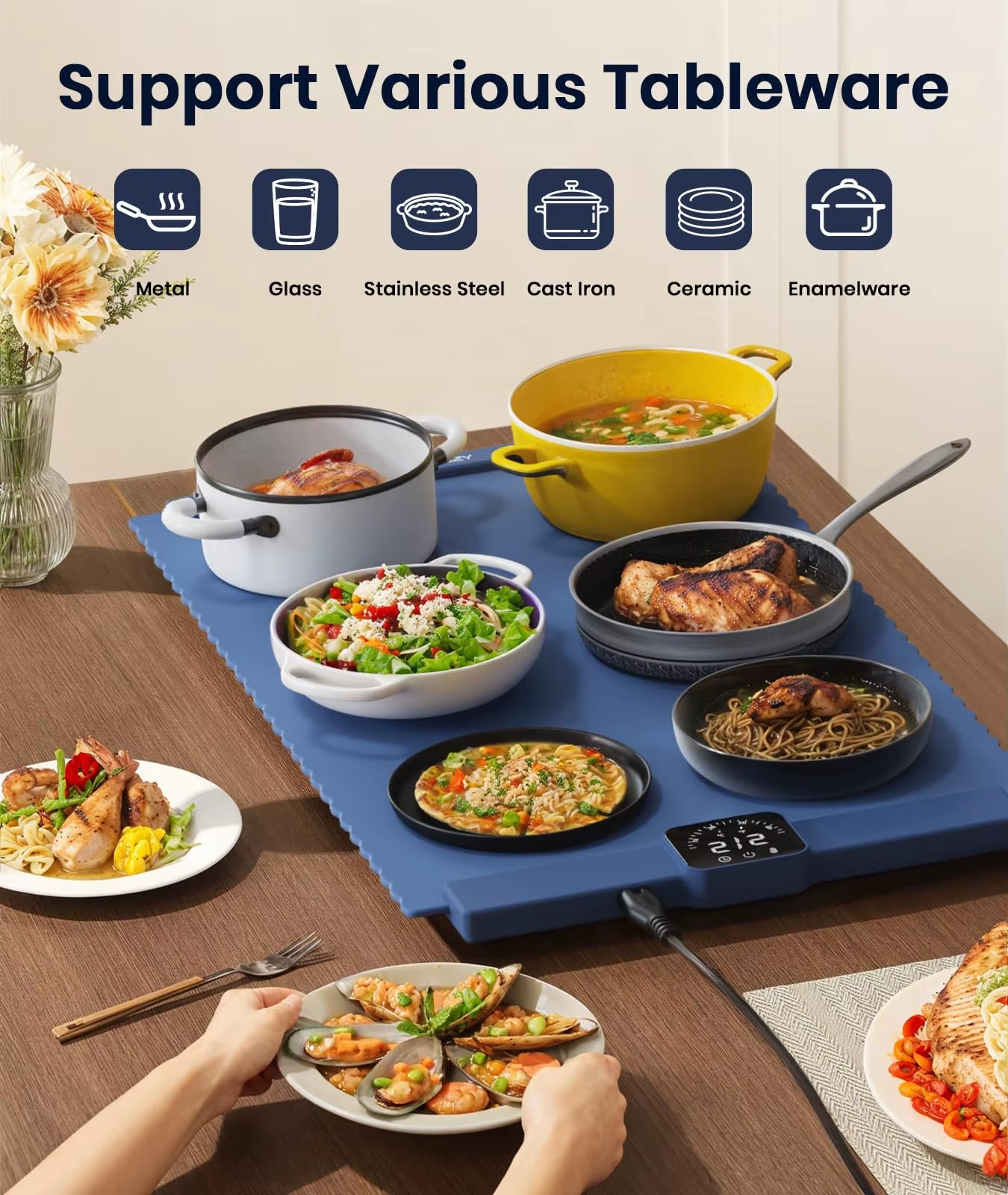 Silicone Electric Warming Tray | Adjustable 5-Temp Food Warmer Mat with Timer & Child-Lock Safety