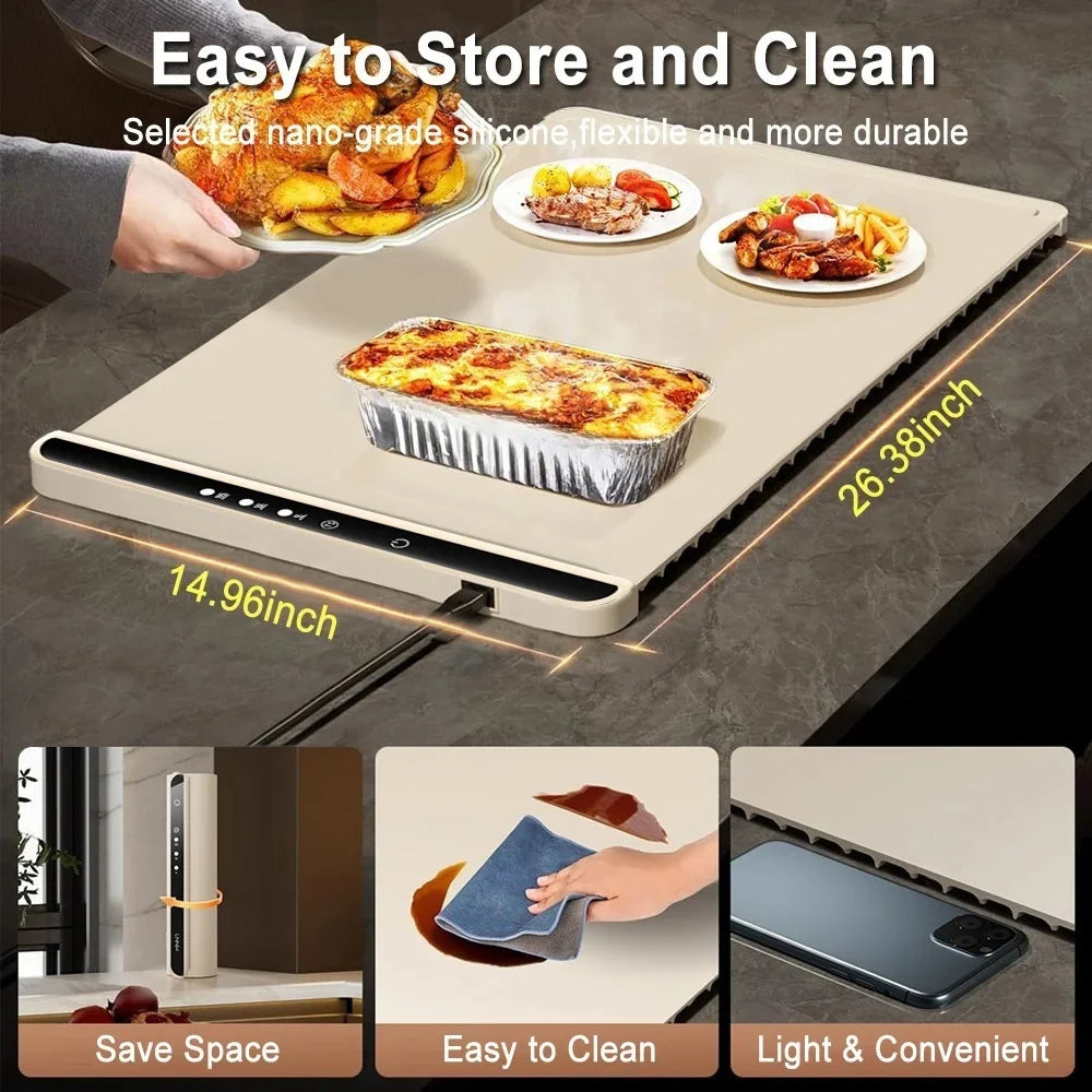 Foldable Electric Warming Tray | Full-Surface Food Warmer Mat with 3-Temp Settings & Fast Heating