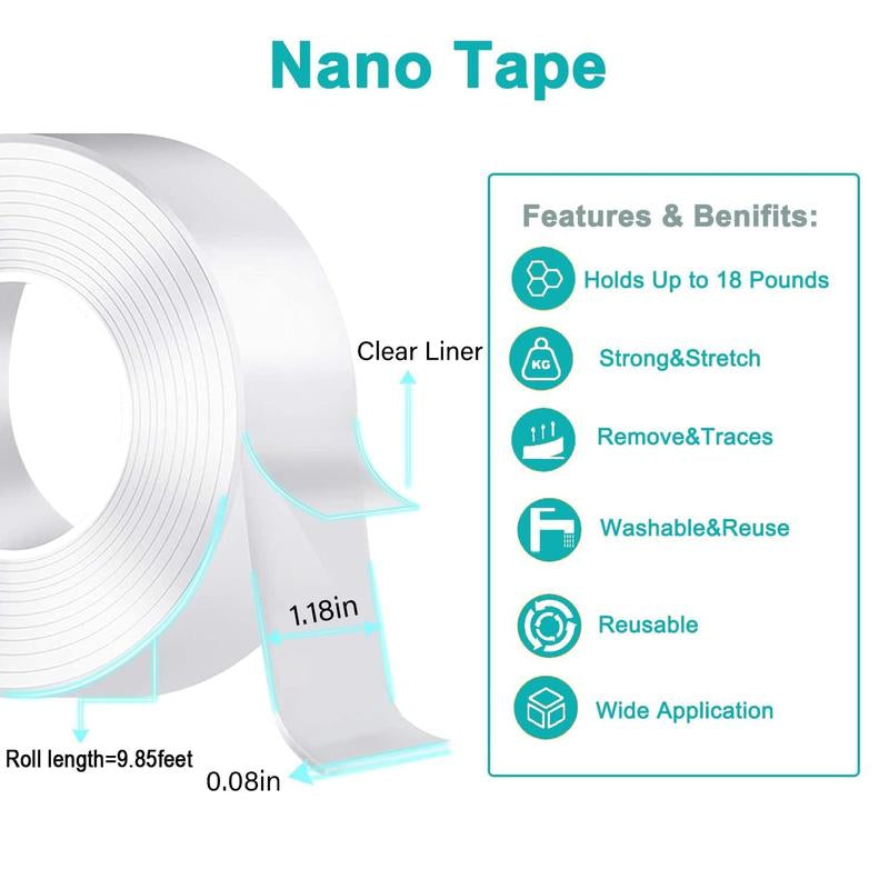 Double-Sided Heavy-Duty Tape (9.85 Feet) Christmas Gift, Nano Double-Sided Tape, Clear Mounting Tape, Picture Hanging Adhesive Strip.